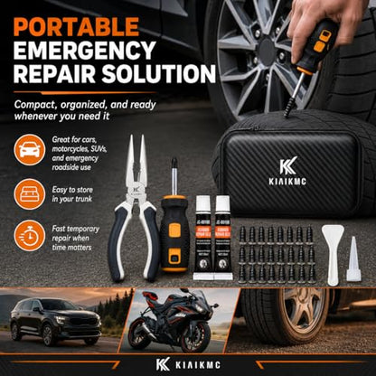 Tire Repair Screws Kit, Screw in Tire Plugs for Emergency Puncture Repair, Rubber Nail Screw in Tire Plug Kit with Pliers, Screwdriver & Rubber Cement for Tubeless Tires