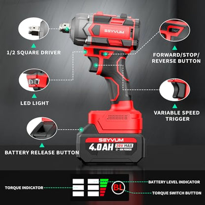 SEYVUM Cordless Impact Wrench, 1/2” Max Torque 440 Ft-lbs / 600 N.m Power Impact Gun, 20V 3000RPM Electric Impact Driver, 2 x 4.0Ah Battery, 4 Impact Sockets, Carry Bag Included - style: 600 N.m