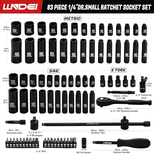 LLNDEI 1/4" Impact Socket Set 83 Pieces, SAE(5/32-9/16 in) Metric (4-15mm) | 72T Ratchet Wrench Handle,CR-V Mechanics Tool Set with Adapter, Screwdriver Bits for Automotive Repair - size: 83-Piece 1/4" Drive Impact Socket Set