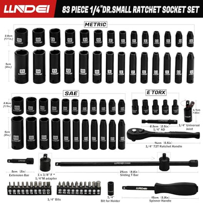 LLNDEI 1/4" Impact Socket Set 83 Pieces, SAE(5/32-9/16 in) Metric (4-15mm) | 72T Ratchet Wrench Handle,CR-V Mechanics Tool Set with Adapter, Screwdriver Bits for Automotive Repair - size: 83-Piece 1/4" Drive Impact Socket Set