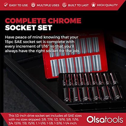 Olsa Tools SAE Deep Socket Set - 1/2-Inch Drive, 18pc - 6-Point Chrome Sockets from 3/8" to 1-1/4" and No Skipped Sizes - Mechanic Deep SAE Socket Set - Professional Grade Long Sockets - Part: 1319 - color: Sae Deep, size: 15pc, 1/2-Inch Drive