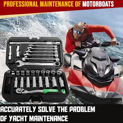 49-Piece Professional Motorboat & Yacht Maintenance Tool Kit, High-Strength Chrome Vanadium Steel with 72-Tooth Ratchet Wrench, 1/4 & 3/8 Inch Drive Metric & Standard Socket Wrench Set - color: Silver-49pcs