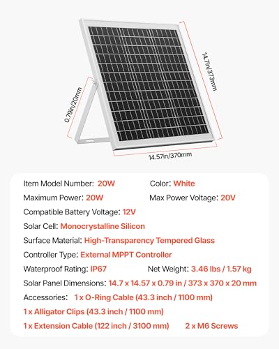 VEVOR 20W 12V Solar Panel Battery Charger, Solar Battery Trickle Charger Maintainer with Intelligent MPPT Controller & Adjustable Mount Bracket, IP67 Waterproof for Car Boat RV Motorcycle Trailer - style: 20W