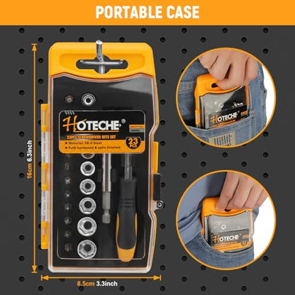 Hoteche 1/4-Inch Mini Ratchet Set - 23-Piece Screwdriver Bits Kit with Magnetic Bar, Offset Ratchet Driver and 9 Metric Sockets (5mm-13mm) | CR-V Bits for Versatile Socket & Socket Wrench Set