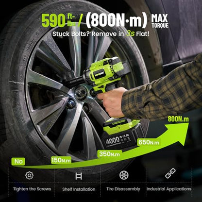 Robustrue Cordless Impact Wrench, 590Ft-lbs (800N.m) Brushless 1/2 inch, 2800RPM High Torque Impact Gun, 2x 4.0Ah Battery, Charger, 4 Sockets, Electric Impact Wrench for Car Home - size: 800N.m