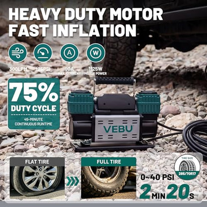 Heavy Duty Air Compressor 12V Tire Inflator, Dual Cylinder 125PSI with In-line Pressure Gauge, 10.6CFM Fast Inflation for Off-road Vehicles, Trucks, SUVs, RVs, ATVs, DC Power, Corded Electric - style: Dual Cylinders + Inline Gauge