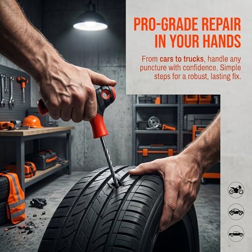 17 Pieces Tire Repair Kit with Plug Kit T Handle Tire Repair Tools to Fix Punctures and Plug Flats for Truck, Rv, SUV, ATV, Motorcycle, Car, Tractor, Trailer
