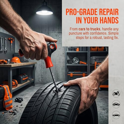 17 Pieces Tire Repair Kit with Plug Kit T Handle Tire Repair Tools to Fix Punctures and Plug Flats for Truck, Rv, SUV, ATV, Motorcycle, Car, Tractor, Trailer