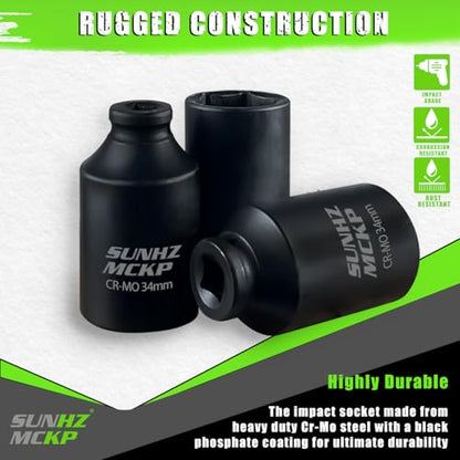 SUNHZMCKP 1/2 Inch Drive Impact Socket, Metric 34 mm Deep 6 Point Socket, CR-MO, Axle Nut Impact Grade Socket for Easy Removal (34mm) - color: Metric, size: 34 mm