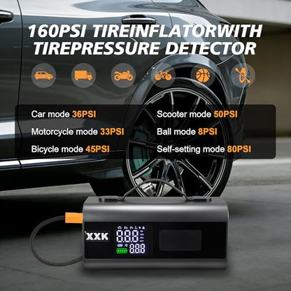 160PSI Tire Inflator Portable 2000A Car Jump Starter,20000mAh | 15000PA Vacuum With Digital Pressure Gauge,Power Bank With Led Light,Suck&Blow Function,For Car,Bicycle,Balls