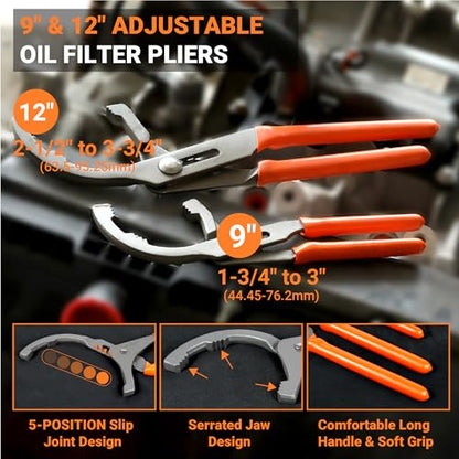 8PC Oil Filter Wrench Set with Swivel Oil Filter Wrenches Cover 2-3/4" to 5-1/4", 9" & 12" Adjustable Oil Filter Pliers, Universal 3-Jaw Oil Filter Removal Tool with 1/2" to 3/8" Adapter - size: 8-Piece Set (2-3/4" - 5-1/4")