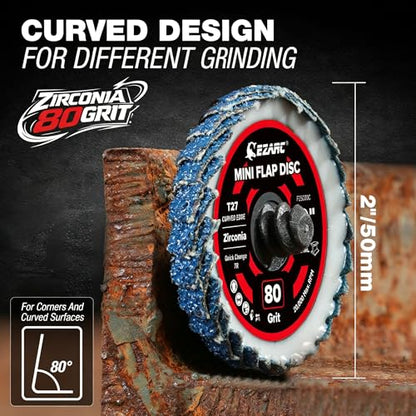 EZARC 10PCS Mixed Flap Disc Set for Die Grinder, 3" Flat & 2" Curved Zirconia Sanding Discs with Holder and 1/4" Shanks, 80 Grit Roll Lock Quick Change Grinding Wheels for Weld Rust Paint Removal - size: 80Gr 10P