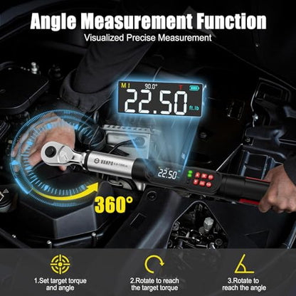 VANPO 3/8 Drive Digital Angle Torque Wrench 5-99.6 Ft.lb, ±2% Accuracy | 6.8-135 Nm Electronic Torque Wrench, Buzzer LED Vibration Alarm, Perfect Tools for Car, Motorcycle & Engine Repair - size: 5-99.5 ft.lb/6.8-135 N.m (3/8-Inch)