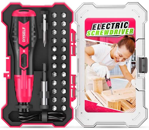 DIYSELF Electric Screwdriver, Cordless Power Screwdriver Set, 28-Piece,Pink | USB Rechargeable, Includes 25 Bits, LED Work Light and Storage Case for Furniture Assembly and Home Repairs, Gift for Women - color: Pink