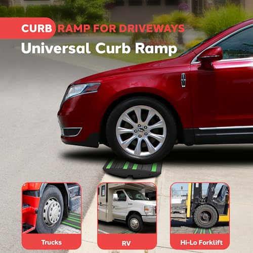 Pyle 1 Ft. Rubber Threshold Curb Ramp - Heavy Duty Non-Slip Rubber, Easy Mounting with Expansion Screws, Green Reflective Strips - Ideal for Driveways, Sidewalks, and Vehicle Ramps - 12.0"x16.0"x 2.6" - color: Green, size: Pack of 2