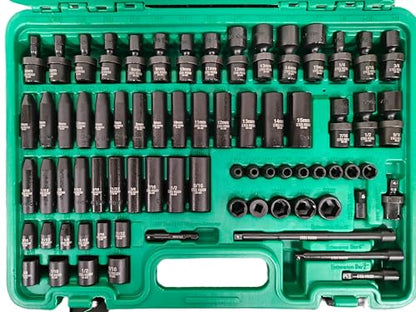 Steel Vision Tools 72-Piece 1/4" Drive SAE & Metric Impact Socket Set, CR-MO Steel, 6-Point Design, Deep & Shallow Sockets, Universal Joint, Extension Bars & Adapters, Black Phosphate Finish - size: 1/4" 72pc