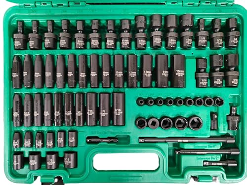 Steel Vision Tools 72-Piece 1/4" Drive SAE & Metric Impact Socket Set, CR-MO Steel, 6-Point Design, Deep & Shallow Sockets, Universal Joint, Extension Bars & Adapters, Black Phosphate Finish - size: 1/4" 72pc