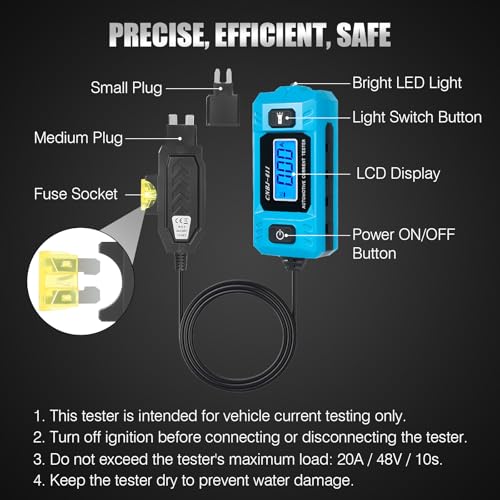 PIFOOG Automotive Circuit Tester Car Test Light with Digital 3v-90v Display, High Precision Auto Fuse Relay Tester Electrical Current Fault Probe Checker Testing Tool LCD Front Lighting Max 20A 48V