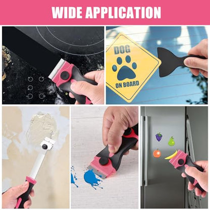 NECAMOCU 4 Pack Razor Blade Scraper, Includes 50 PCS Metal & Plastic Blades | Premium Razor Scraper Tool for Glass, Window, Cooktop, Countertop Cleaning & Sticker, Decal, Paint Removal (Pink) - color: Pink