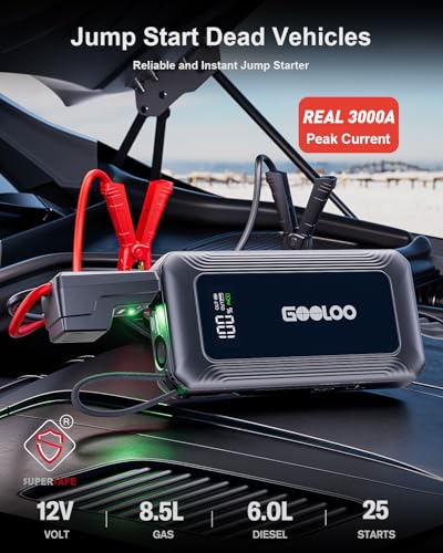 GOOLOO G7 3000A Jump Starter with Built-in Cable,Portable Jump Starter for 45W Fast Charging,12V SuperSafe Lithium Jump Box, Battery Booster Pack Up to 8.5L Gas or 6.0L Diesel Engine - color: black