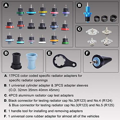 YSTOOL Radiator Pressure Tester Coolant Vacuum Refill Kit 33PCS Automotive Cooling System Leak Test Pneumatic Water Tank Purge Fill Tool Set with Gauge Adapter Cap Universal for Auto Car Airlift