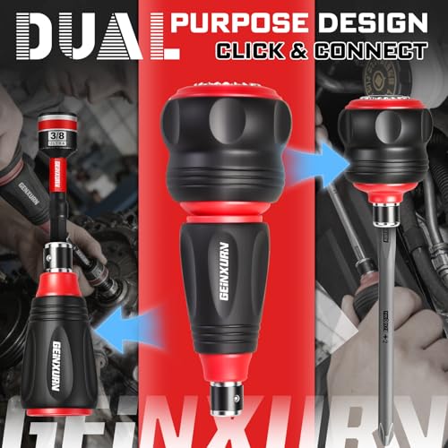 Geinxurn 33Pieces Impact Magnetic Screwdriver Set Include Stubby 2in1 Rachet Screwdriver Handle, Mini Ratchet Socket Wrench, Universal Socket,Bit Holder and Square Adapter for Repair & Outdoor Work - style: 33pcs