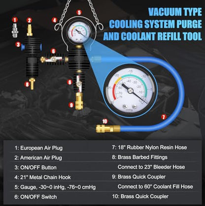 JIFETOR Cooling System Vacuum Purge Radiator Coolant Refill Tool Kit, Universal Automotive Water Tank Pneumatic Vacuum Antifreeze Change Filler Set, with Adapter Case Hose for Car Van SUV Truck - color: Blue Case