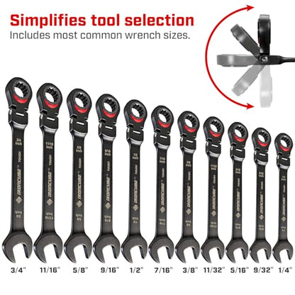 ironcube Black Ratcheting Combination Wrench Set: 11-Piece SAE 1/4–3/4 Inch – 180° Flex Head & 72-Tooth – CR-V Steel – Retro Waxed Canvas Roll for Motorcycle & Automotive Repair Tools - size: 11-Piece SAE Flex-Head