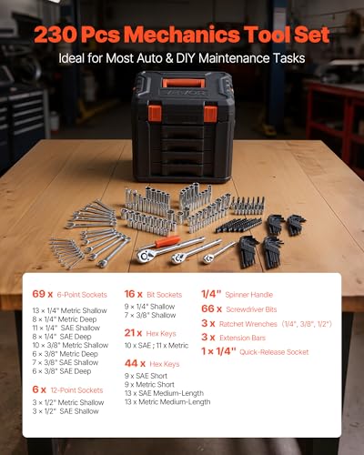 VEVOR Mechanics Tool Set, 230-Piece Mechanic Tool Kit, 1/4 in, 3/8 in, and 1/2 in Drive, SAE and Metric Socket Set, Wrenches, Screwdriver Bits, Accessories, and Storage Case, for Automotive Repair - size: 1/4"&3/8"&1/2", style: 230 PCS