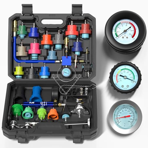 KJE 31PCS Coolant Pressure Tester Kit, Radiator Pressure Tester Kit with 23 Radiator Adapters, and Coolant Vacuum Refill Kit for Automotive Cooling System Water Tank Leakage Detection