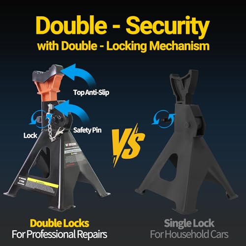 3 Ton Jack Stands, 1 Pair Heavy Duty Steel Car Jack Stands with Double Locking Pins, Adjustable Height for Cars, SUVs, Sedans and Vehicle Repair Maintenance（Black