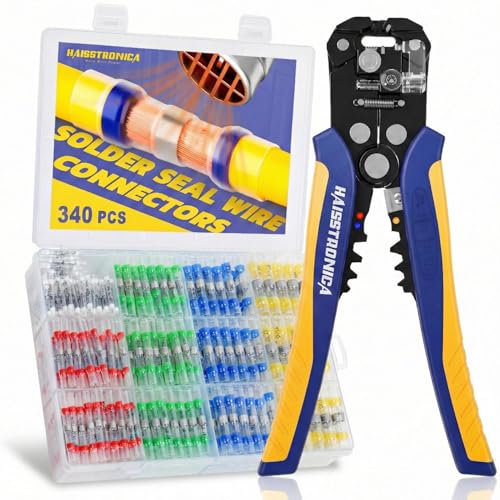 haisstronica 340PCS Solder Seal Wire Connectors Kit with 10-24 AWG Self-Adjusting Automatic Wire Stripper Tool, Waterproof Heat Shrink Butt Terminals for Car, Marine, Trailer, DIY Wiring Projects - size: 340PCS