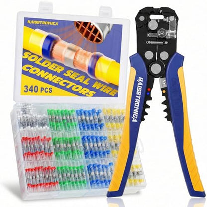 haisstronica 340PCS Solder Seal Wire Connectors Kit with 10-24 AWG Self-Adjusting Automatic Wire Stripper Tool, Waterproof Heat Shrink Butt Terminals for Car, Marine, Trailer, DIY Wiring Projects - size: 340PCS