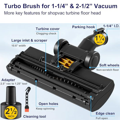 Portek Air-Driven Turbo Brush Attachment for Shop Vac Wet Dry Vacuum Cleaners, 1-1/4 and 2-1/2 Inch, Non-Electric Floor Head for Pet Hair and Debris Removal from Carpets Area Rugs Hard Floors