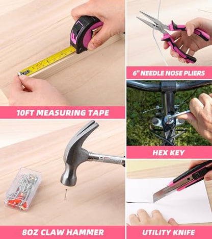147 Piece Pink Power Drill Drivers Tool Set with 12V Cordless Drill, Professional Household Home Tools Kit Set, DIY Pink Electric Drill Cordless Hand Tool Box for Women - style: 147 Piece Pink