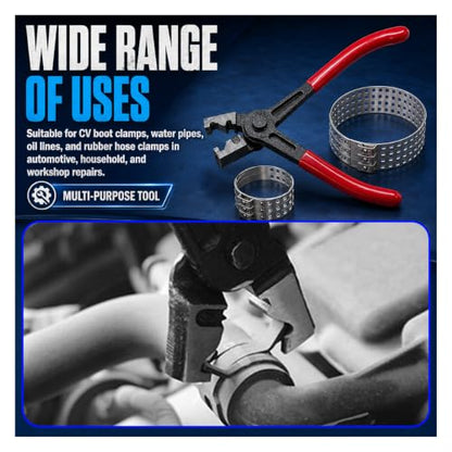 9PCS Hose Clamp Pliers with CV Boot Clamp Kit, Stainless Steel Adjustable Small & Large Crimp Bands, Universal Drive Shaft CV Boot Repair Installation Tool for Most Cars (Red)