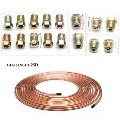 25Ft of 3/16 Brake Line Kit - Includes 16 Inverted Flare Brake Line Fittings - Zinc Plated Copper Brake Line Tubing - Universal Copper Coil Brake Line Repair Kit for Car,Home,Industrial (Gold) - color: Gold