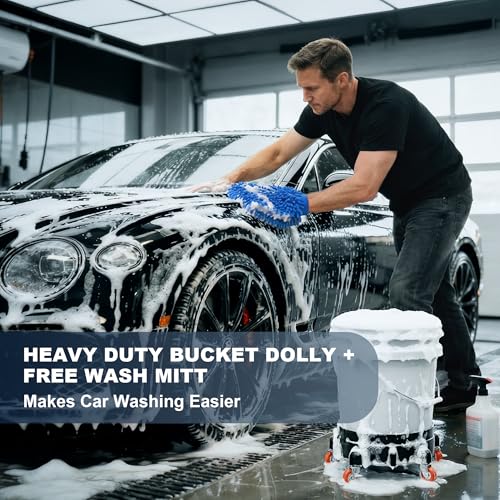 Heavy Duty 5 Gallon Bucket Dolly with 5 Swivel Casters, Professional Rolling Water Bucket Creeper for Car Detailing & Washing, 310 lbs Capacity, 2 Locking Brakes, Includes Premium Wash Mitt