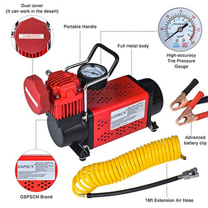 GSPSCN Heavy Duty Tire Inflator 150PSI 12V Portable Air Compressor Pump | Metal Air Pump with 5.5m Extension Air Hose for Car,Pickup, Truck, RV, ATV, Bike,Balls,Lawn Mower and Other Inflatables