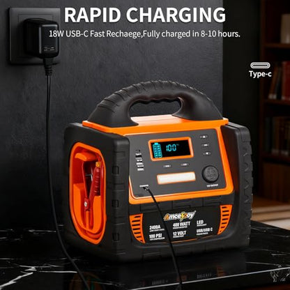 2400A Car Battery Jump Starter and Portable Power Station – Starts 8.0L Gas & 8.0L Diesel – 6-in-1 Jump Starter with Air Compressor 100 PSI Tire Inflator – 400 Watt Inverter AC/DC/USB Outlets - style: Orange