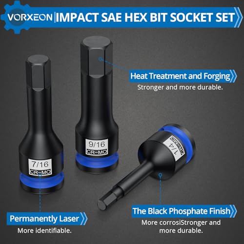 10 PCS 1/2" Drive SAE Impact Allen Hex Bit Socket Set 42CRMO with Storage Case 1/4” 9/32” 5/16” 3/8” 7/16” 1/2” 9/16” 5/8” 11/16” 3/4” - size: Hex SAE