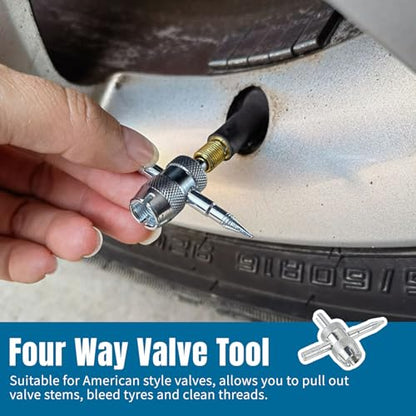 Hovom 6PCS Tire Valve Stem Tool Kit, Car A/C Tire Valve Core Removal Installation Tools, 4-Way Valves Tool, Single and Dual Head Valves Core Remover, Universal Tires Stem Repair Kit (6PCS)