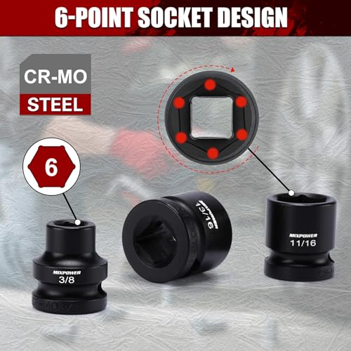 MIXPOWER 11-Piece 1/2" Drive Stubby Impact Socket,CR-MO,3/8"-1",6-Point,SAE,Radius Corner Design, Axle Nut Impact Grade Socket for Easy Removal - size: 1/2" Drive / SAE Set