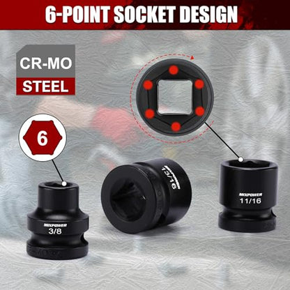 MIXPOWER 11-Piece 1/2" Drive Stubby Impact Socket,CR-MO,3/8"-1",6-Point,SAE,Radius Corner Design, Axle Nut Impact Grade Socket for Easy Removal - size: 1/2" Drive / SAE Set