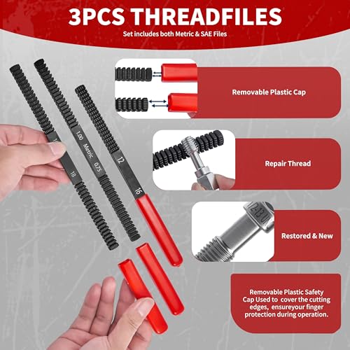 61 Pcs Thread Chaser Set, Metric & SAE Thread Repair Kit with Pitch Gauge - Clean and Restore Damaged Threads on Automotive, Motorcycle, Engine Blocks, Nuts & Bolts, Ideal for DIY Repairs