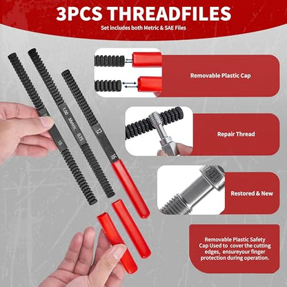 61 Pcs Thread Chaser Set, Metric & SAE Thread Repair Kit with Pitch Gauge - Clean and Restore Damaged Threads on Automotive, Motorcycle, Engine Blocks, Nuts & Bolts, Ideal for DIY Repairs