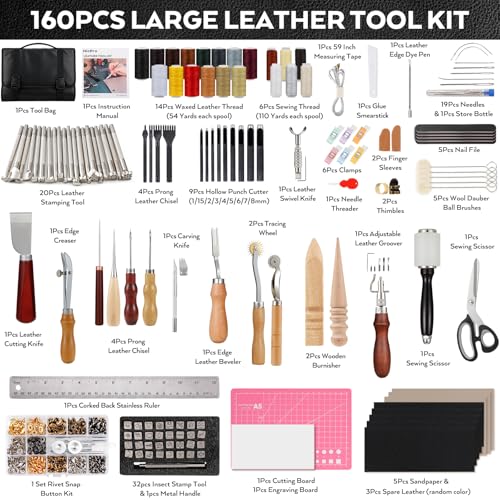 Nicpro 160PCS Upgrade Leather Tooling Kit Leather Working Tools Kit with Storage Handbag, Professional Leather Making Craft Tools Kit for Stamping Sewing Carving Cutting Punching Leather Working - size: 160PCS