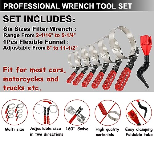 7pcs Oil Filter Wrench Set with Small Oil Funnel for Oil Change, Adjustable Oil Filter Removal Tool 2-1/16"-5-1/4"