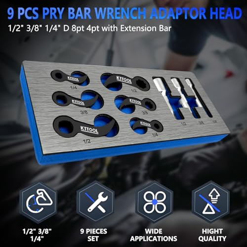 9 Pcs Pry Bar Wrench Adaptor Head Set, Crowbar Adapter Head Tool, Half Shaft Removal Car Repairing Tools 1/2" 3/8" 1/4" D 8pt 4pt (Square) Profile, with Extension Bar - color: 9pc
