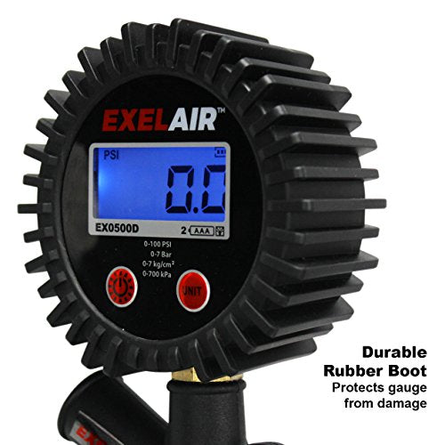 EXELAIR Digital Pistol Grip Tire Inflator Gauge EX0500D, Easy Clip Air Chuck, Easy to Read 0.1 Display, Pistol Grip Handle, 100 PSI Max Pressure, 16" Air Hose, 1/4" NPT (PSI, kPa, Bar, and kg/cm2)
